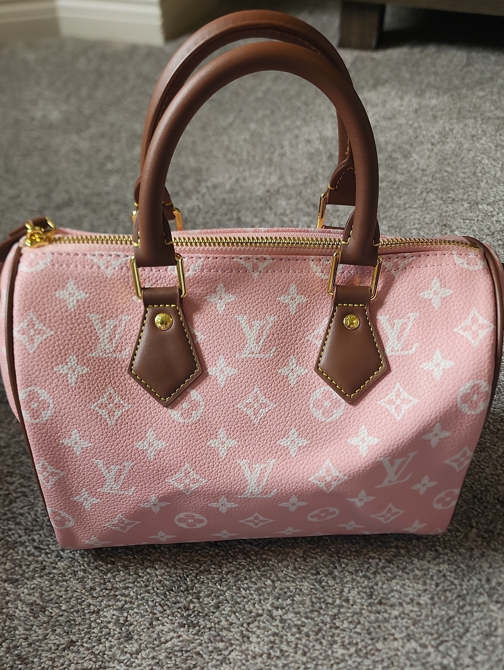 Make An Offer! Must Sell!Designer-Inspired Pink Monogram Satchel with Brown Trim - Picture 3 of 5